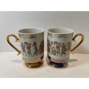 Royal Crown Porcelain‎ Mugs Set of 2 Greek Roman Figures Gold Trim Footed